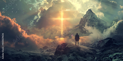 A man is standing on a mountain looking at the sky, with bright light shining down from above with a cross in the center.
