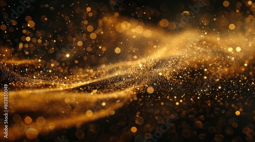 Golden dust forms wave shapes in the air against a dark background.
