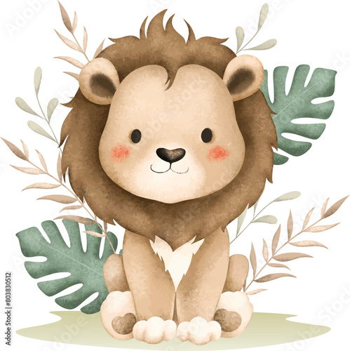 Watercolor Illustration Lion and Tropical Leaves