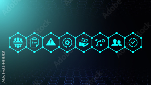 Business continuity concept icons, business peoples, management, warning, vector illustration, abstract background, disaster recovery, crisis management, risk mitigation, risk assessment, teamwork, 