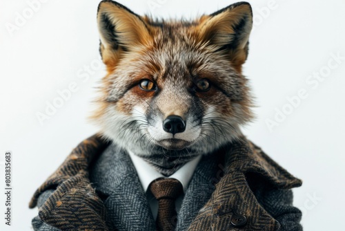 A Arctic Foxin a sharp business suit, poised and dignified, isolated against a stark white background, AI Generative
