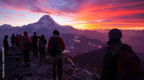 The culmination of a challenging trek, with individuals from all walks of life basking in the euphoria of success, the horizon ablaze with the day's last light.