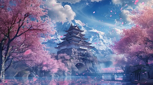 A realistic outdoor photo capturing the beautiful landscape of a Japanese castle surrounded by blooming sakura trees, bathed in sunshine.