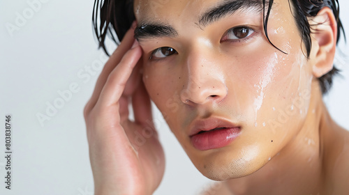 Young Asian man touching his face in the style of Korean style. The closeup shooting depicts skin care and beauty in high detail on a white background with copy space, minimally edited from the origin