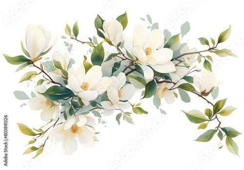 Watercolor of Tropical spring floral green leaves and flowers s isolated on transparent png background, bouquets greeting or wedding card decoration