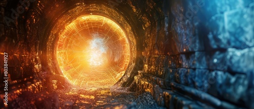 Ancient ruins reveal a hidden teleport gate activated by cosmic energy, amidst scifi tunnel, colorful Strange Bizarre sharpen blur background with copy space