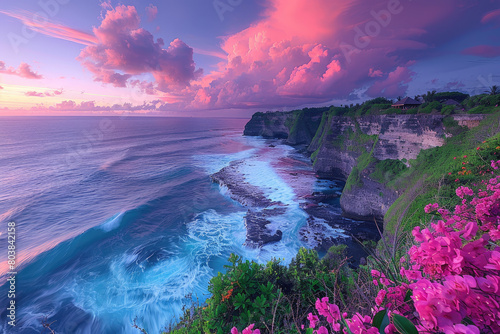 Photo of Uluwatu, Bali, A view from the top overlooking pink clouds and sea with waves crashing against cliffs covered in vibrant flowers. Created with Ai