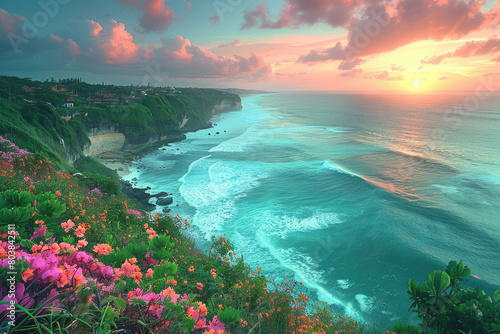 Beautiful view of Bali, A house on the cliff overlooking an ocean with beautiful waves and colorful flowers. Created with Ai