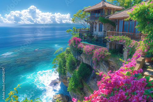  A beautiful cliffside house with colorful flowers overlooking the blue ocean in Bali. Created with AI