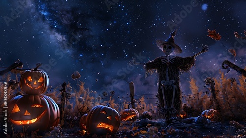 A lone scarecrow surrounded by pumpkins and skeletal remains under a starry night sky