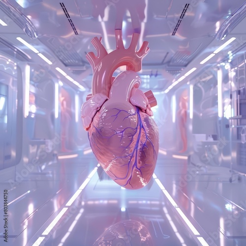 3D rendering of human heart in a futuristic room visualizes the next generation of cardiological care, sharpening banner template with copy space on center