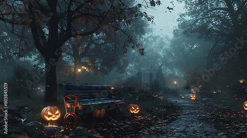 A mist-shrouded forest at twilight, where the malevolent gaze of Jack O' Lanterns pierces the darkness, surrounding a solitary wooden bench on a bone-chilling Halloween night.