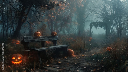 A misty forest at dusk, with sinister shadows cast by eerie Jack O' Lanterns surrounding an abandoned wooden bench on Halloween night.