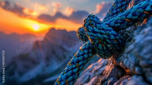 Alpine sunset with close-up of knotted climbing rope