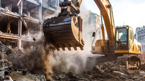 Amidst the construction site, an excavator operates with precision, its massive arm and bucket carving into the earth as debris and dust swirl around in its wake