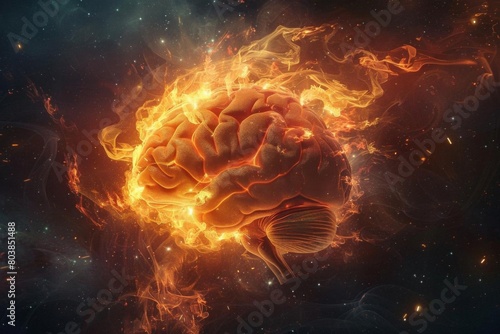 An abstract representation of a brain in fiery turmoil surrounded by darkness
