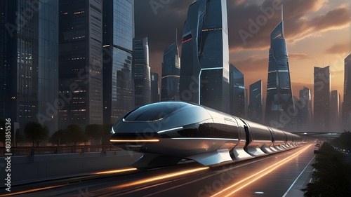 Futuristic maglev train zips through a city. Future technology concept.