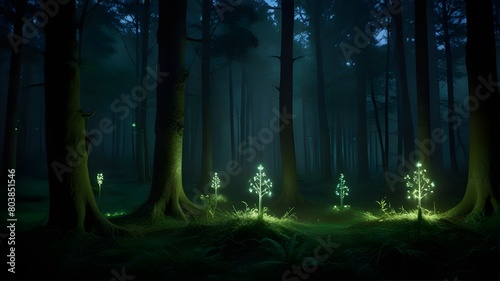 Glowing trees in a dark forest at night. save trees concept.