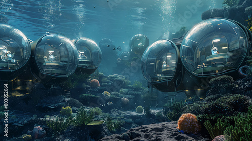 Illustrate a scene showing humans living in self-sustaining habitats on the ocean floor.
