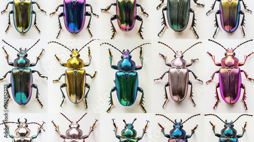 A grid of various colored iridescent shiny jewel beetle illustrations on a white background.