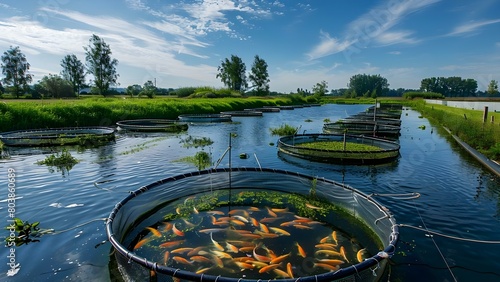 Aquaculture farm with fishfilled ponds showcasing sustainable fishery practices and technology. Concept Aquaculture Farm, Fishfilled Ponds, Sustainable Practices, Technology, Fisheries