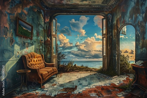 A surrealistic painting blending dreamlike elements with reality, creating a unique focal point in a room.