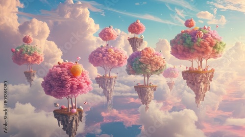 A surreal Easter archipelago, where floating islands adorned with candy trees drift through a sky painted in pastel hues.
