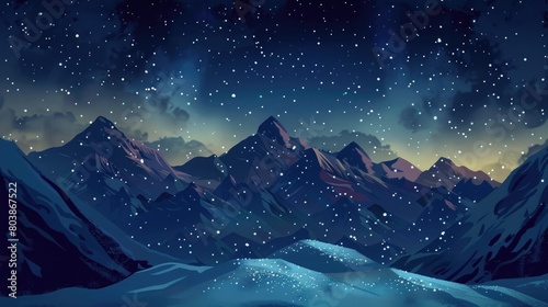 A snow-covered mountain range silhouetted against a starry winter night sky.