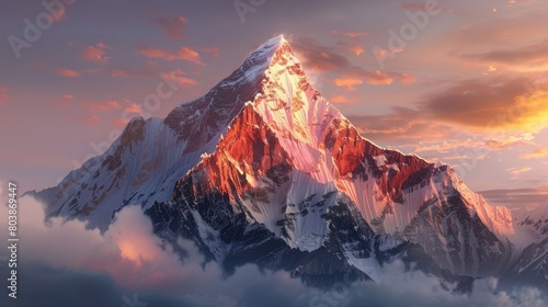 A snow-capped mountain peak glowing in the light of a setting winter sun.