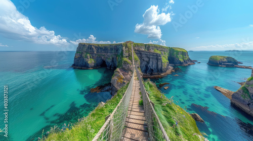Carncra bridge in Northern Ireland, the transparent turquoise sea is visible below and around it green cliffs can be seen. Created with Ai