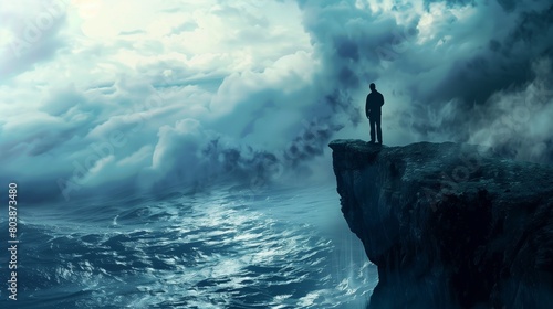 A silhouette standing at the edge of a cliff, looking out at a vast, stormy sea below.