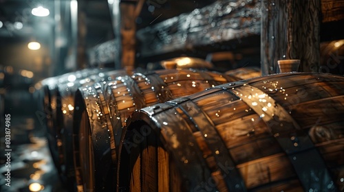 Vintage wooden barrels in a dimly lit cellar