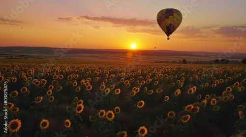 A serene, evening shot of a hot air balloon drifting over a vast, sunflower field.