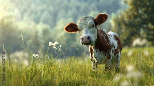 A cow standing in a green field looking at the camera