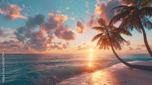 A serene beach scene at sunset with palm trees swaying gently in the breeze.