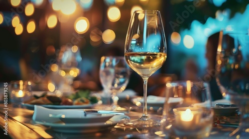 A glass of white wine on a table with a blurred background of a restaurant.