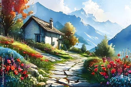 watercolor painting, a modern small house on a hilltop