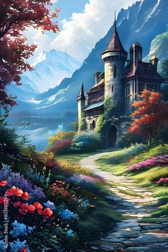 watercolor painting, a majestic castle on a hilltop