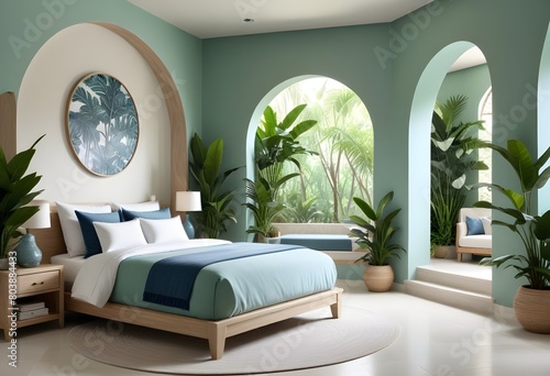 Ultra realistic photo of Modern take on upscale bali inspired small condo white cream stone, light wood round arches interor view of bedroom withtropical foliage