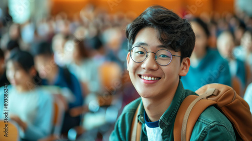 Portrait of a Korean asian happy university student sitting in a college lecture hall