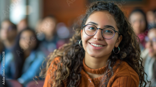 Portrait of a latina american happy university student in lecture hall