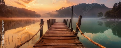 View of the wooden bridge on the lake at sunrise in the morning