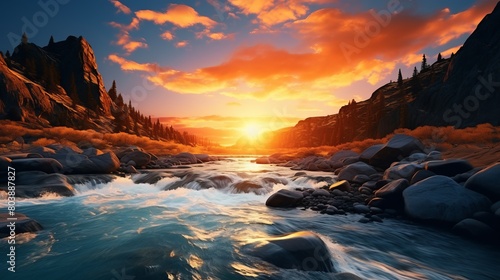 Majestic cliff flowing water sunset nature beauty in motion ,8k