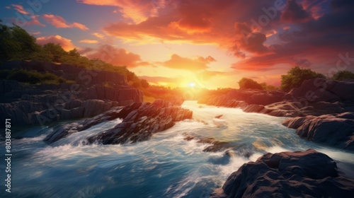 Majestic cliff flowing water sunset nature beauty in motion ,8k