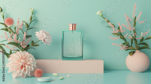 an empty bottle of feminine perfume and flowers on a blue,
