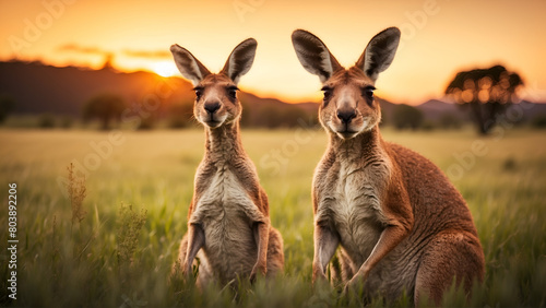 Portrait of Kangaroo duos in Grass field 