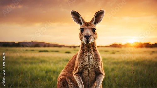 Portrait of Kangaroo in Grass field at sunset 