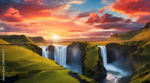 Incredible landscape with Skogafoss waterfall and unreal sunset sky,waterfall at evening,sunset