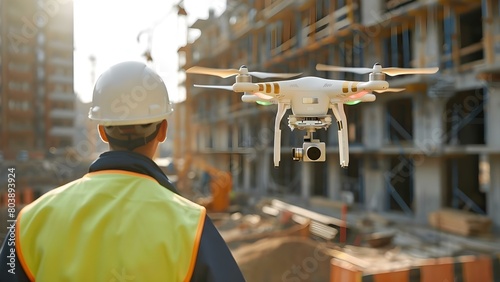 Engineer using drones for geospatial mapping in construction site aerial survey. Concept Construction site mapping, Aerial surveying, Drone technology, Geospatial data, Engineering applications