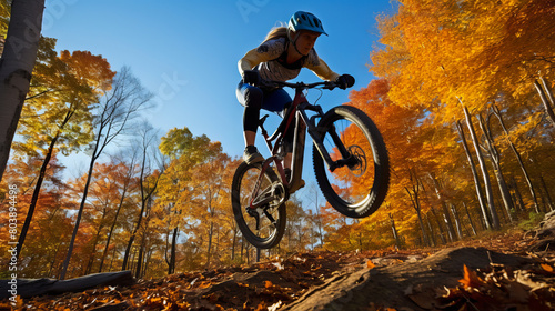 Daring biker woman performs leap off a dirt ramp amidst autumnal forest.